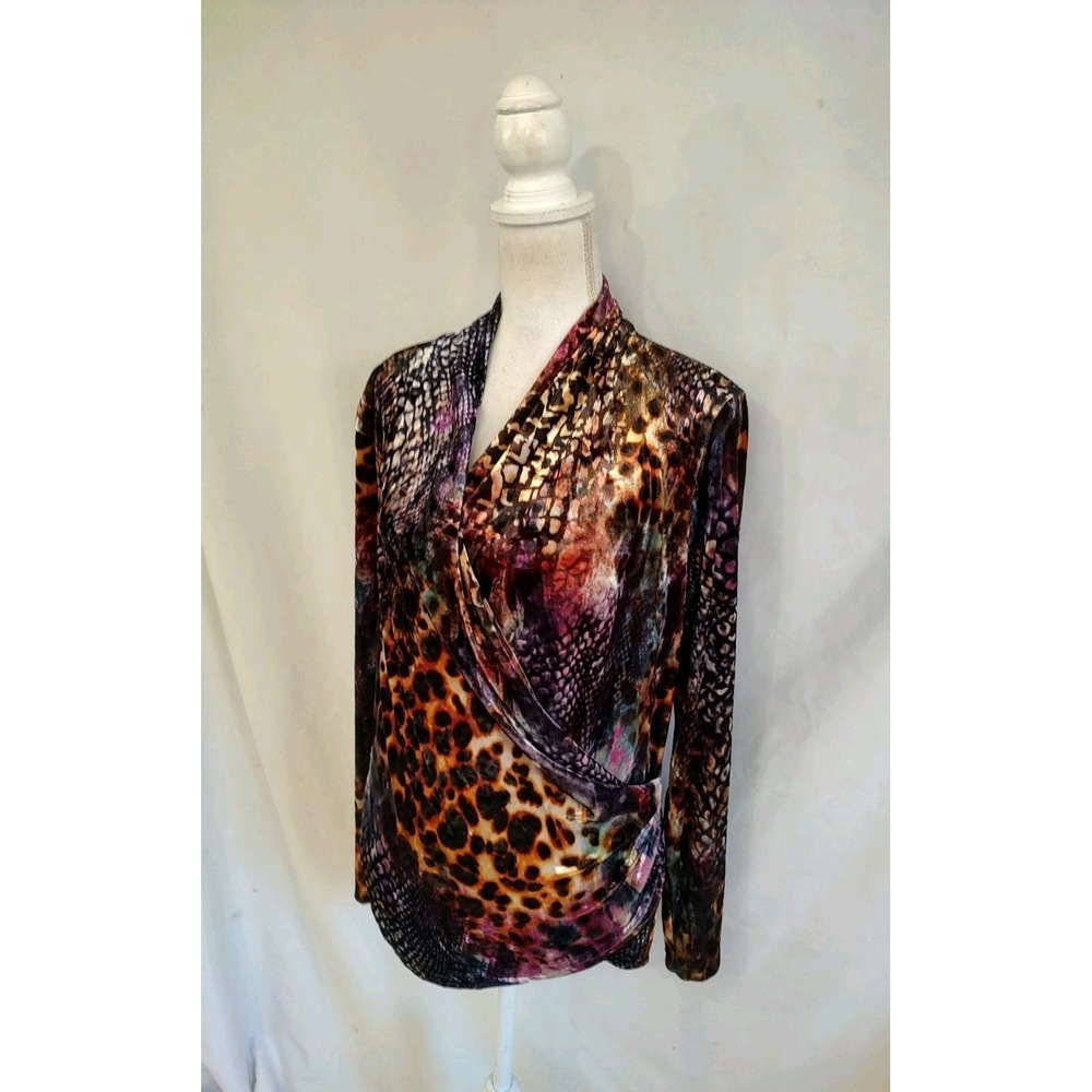 Christopher & Banks Blouse Wrap Top Velvet Animal & Lizard Stretch USA Made XL